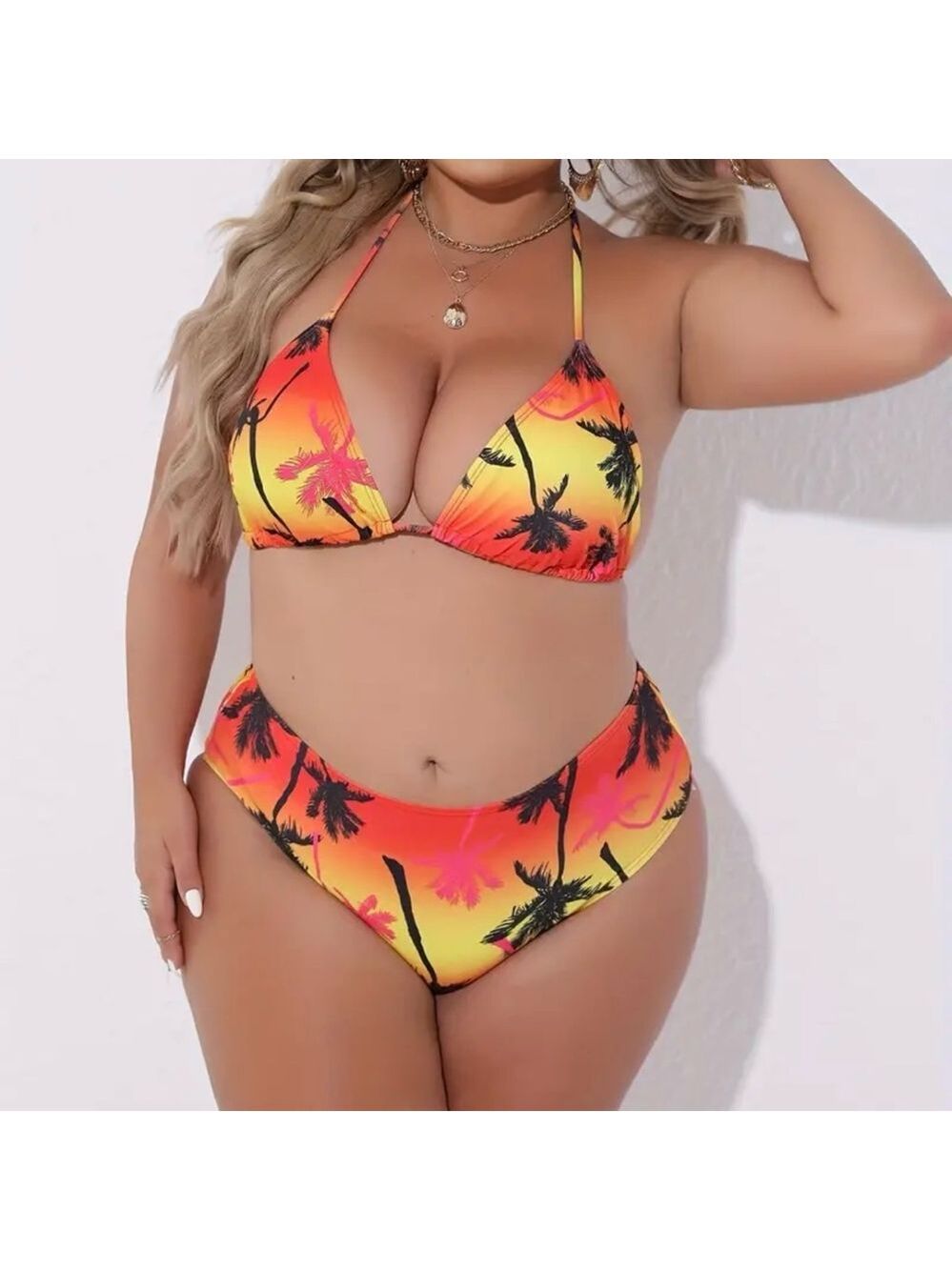 3pc Plus Size Tropical Print Halter Triangle Bikini Set with Cover Up - Picture 11 of 14